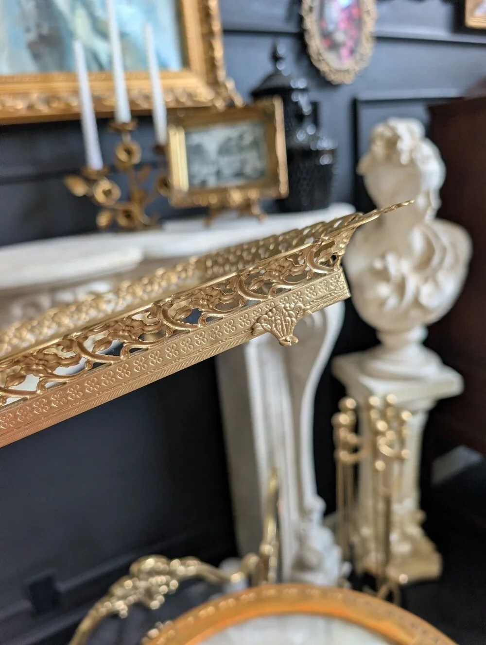 Vintage Gold Ornate Filigree Footed Vanity  Mirror Display Tray 16
